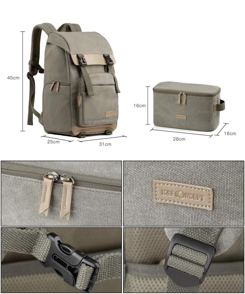  K&F Concept Kameraryggsäck kamoflagegrön Canvas med uttagbar innerskydd/insats