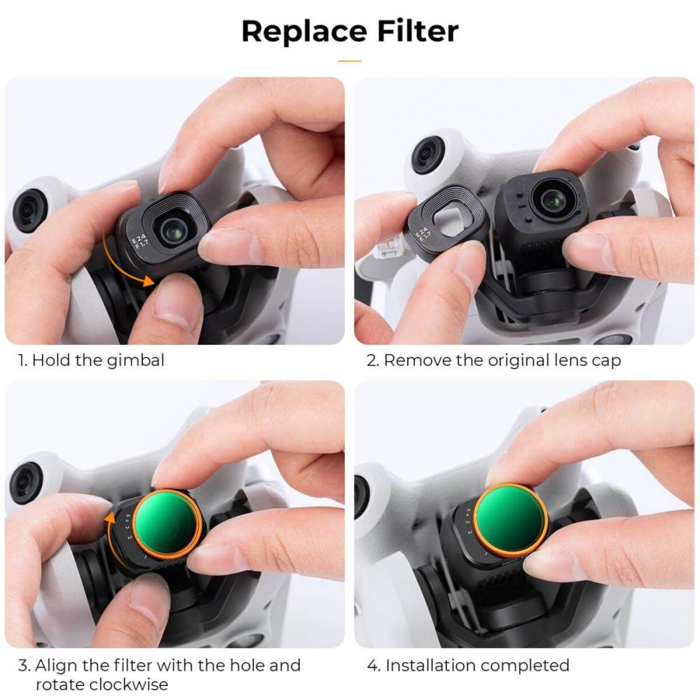  K&F Concept 4 kpl suodatinpaketti DJI Mini 4 Pro: UV, CPL, ND2–32, ND32–512