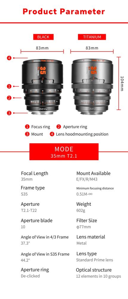  7Artisans 35mm T2,1 S35 Cine Micro 4/3 -kameroille