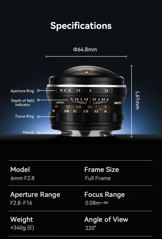  AstrHori 6mm f/2,8 Fisheye Canon RF:lle (täyskenno, pyöreä kuva)