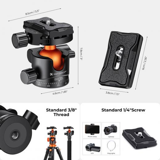  K&F Concept BH-32L Kulhuvud med panoramaindexering för kamerastativ 12kg