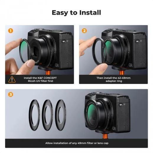  K&F Concept step-up-rengas 42–49 mm ja linssinsuojus Ricoh GR -sarjaan
