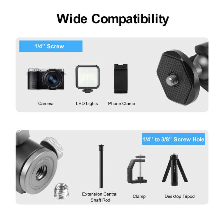  Puluz Liten kulled med blixtsko för kamerabur/stativ 1/4-tums & 3/8-tums gänga