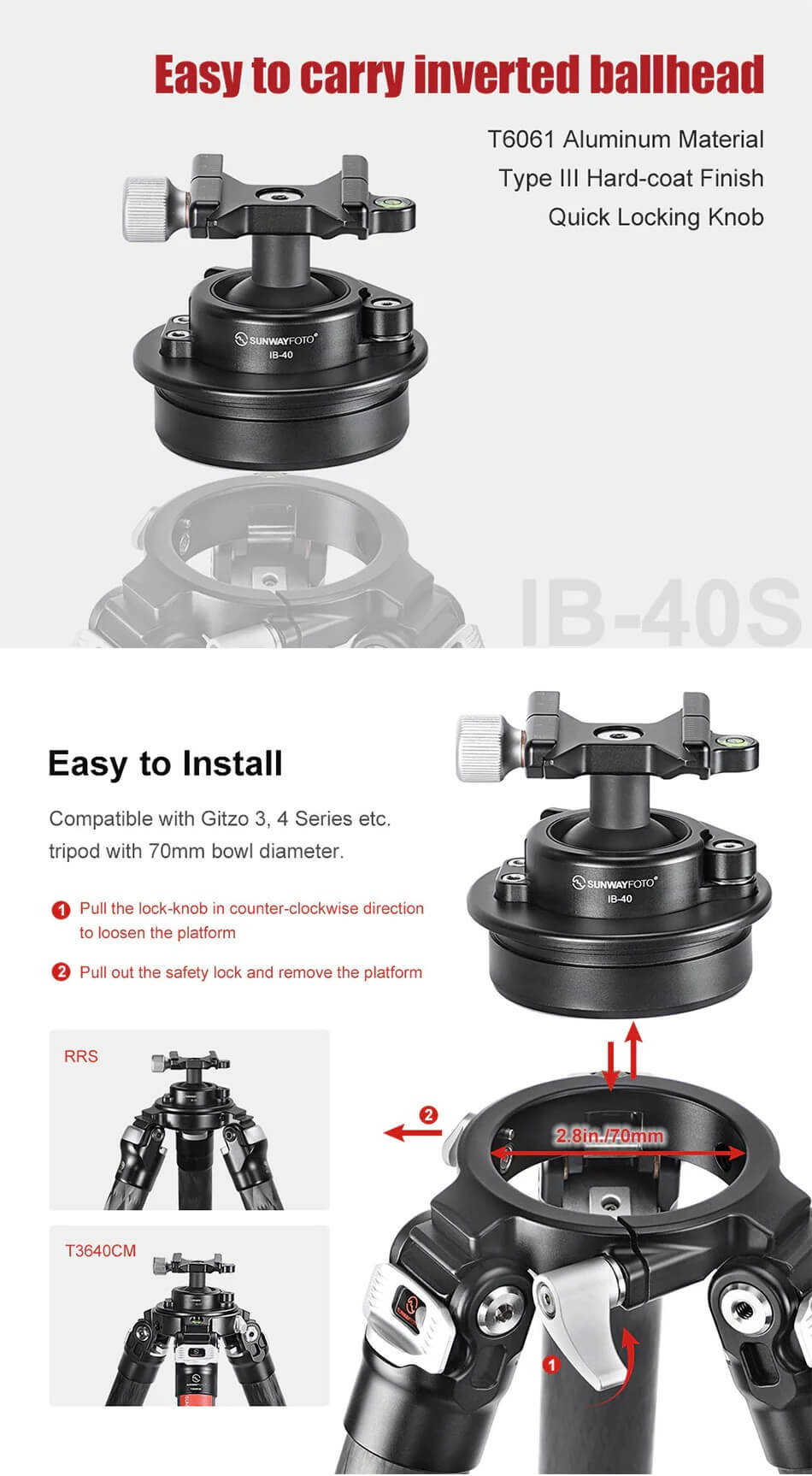  Sunwayfoto IB-40S Lågprofilskulled för Picatinny/Nato-fästen & Arca Swiss
