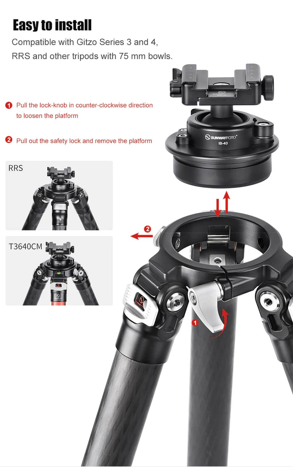  Sunwayfoto IB-40 Lågprofilskulled för Picatinny/Nato-fästen & Arca Swiss
