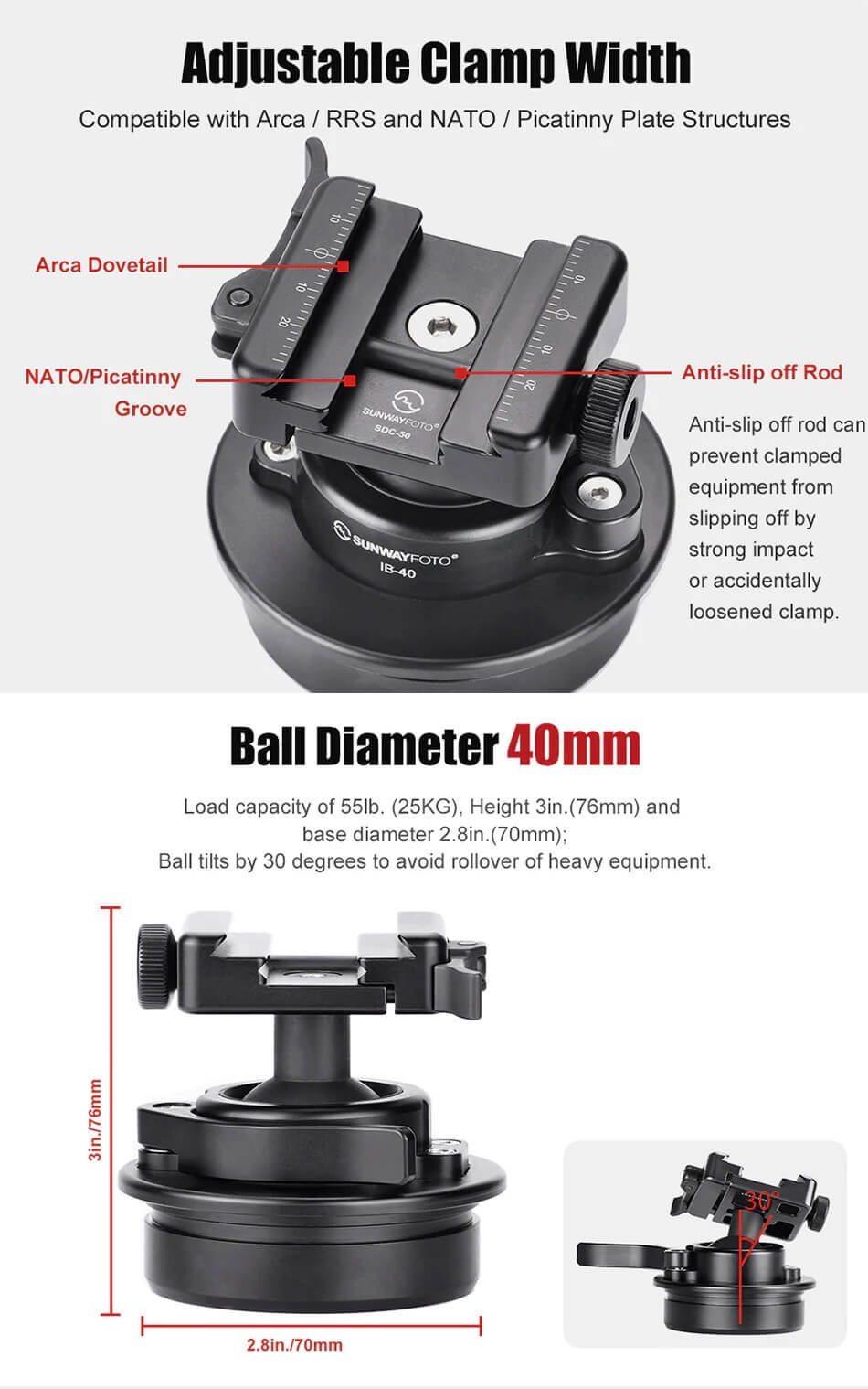  Sunwayfoto IB-40 Lågprofilskulled för Picatinny/Nato-fästen & Arca Swiss