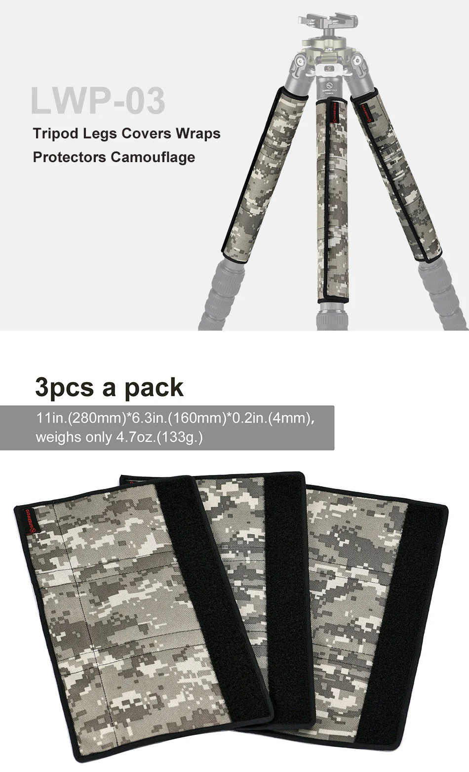  Sunwayfoto Kamouflage stativbenskydd 3-pack – Passar bendiameter 28–36 mm