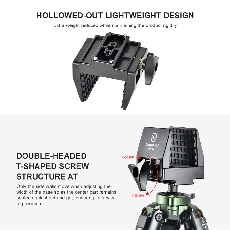  Sunwayfoto SM-76C Saddle Mount – tukeva kiinnike Arca-Swiss-jalustalle