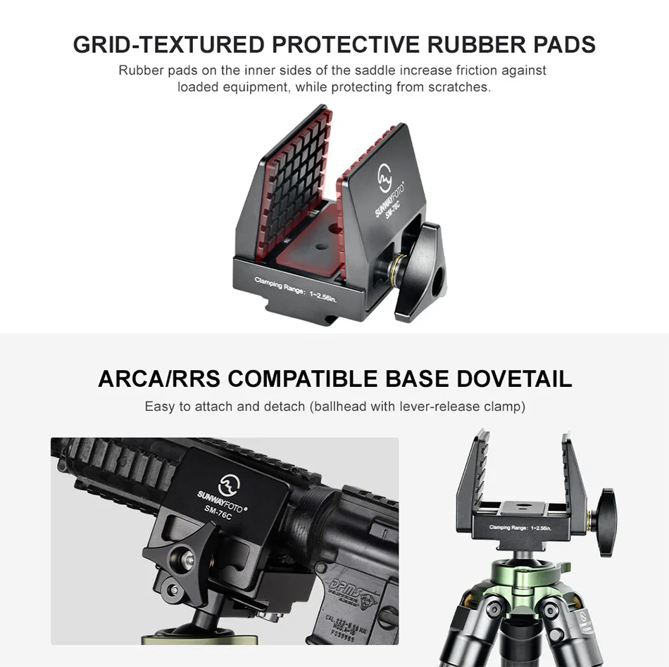  Sunwayfoto SM-76C Saddle Mount – tukeva kiinnike Arca-Swiss-jalustalle
