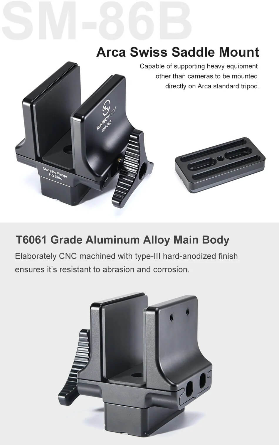  Sunwayfoto SM-86B – Robust Sadelfäste för Jakt och Arca Swiss stativ