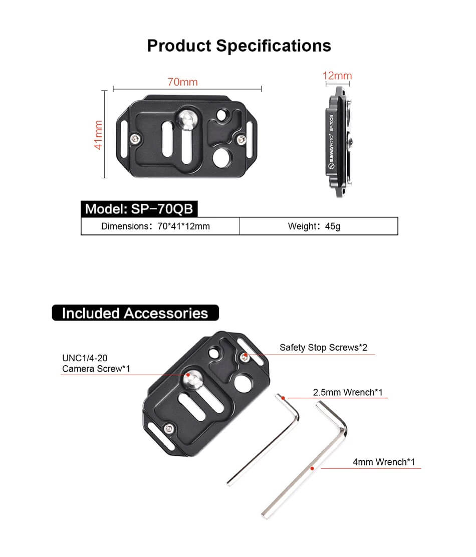  Sunwayfoto SP-70QB kameraplatta för kameror med QD säkerhetsfäste