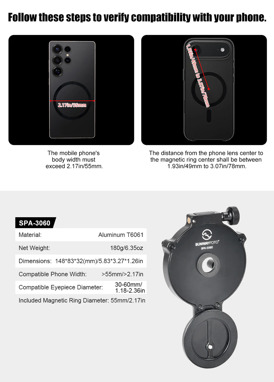  Sunwayfoto SPA-3060 – magneettinen puhelinadapteri kaukoputkille